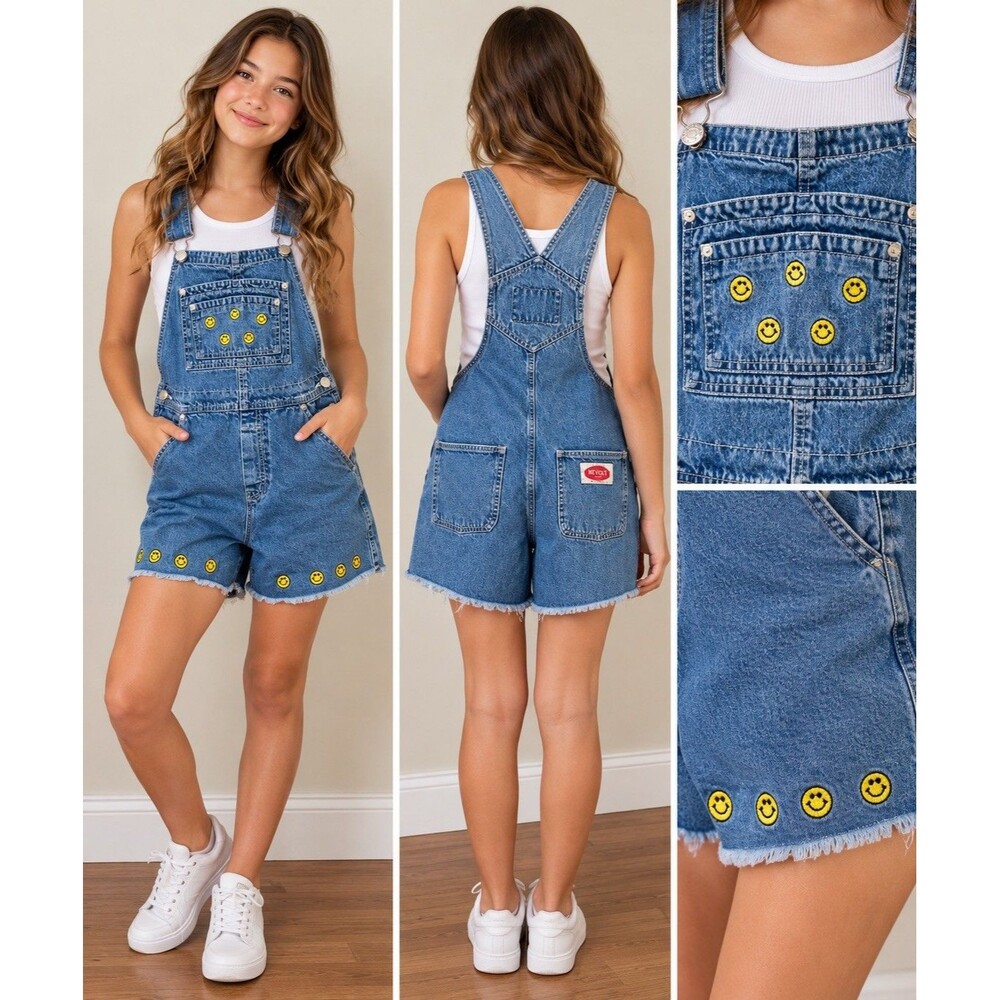 Vintage Revolt Young Girls Denim Size L Smiley Face Embroidered Overalls